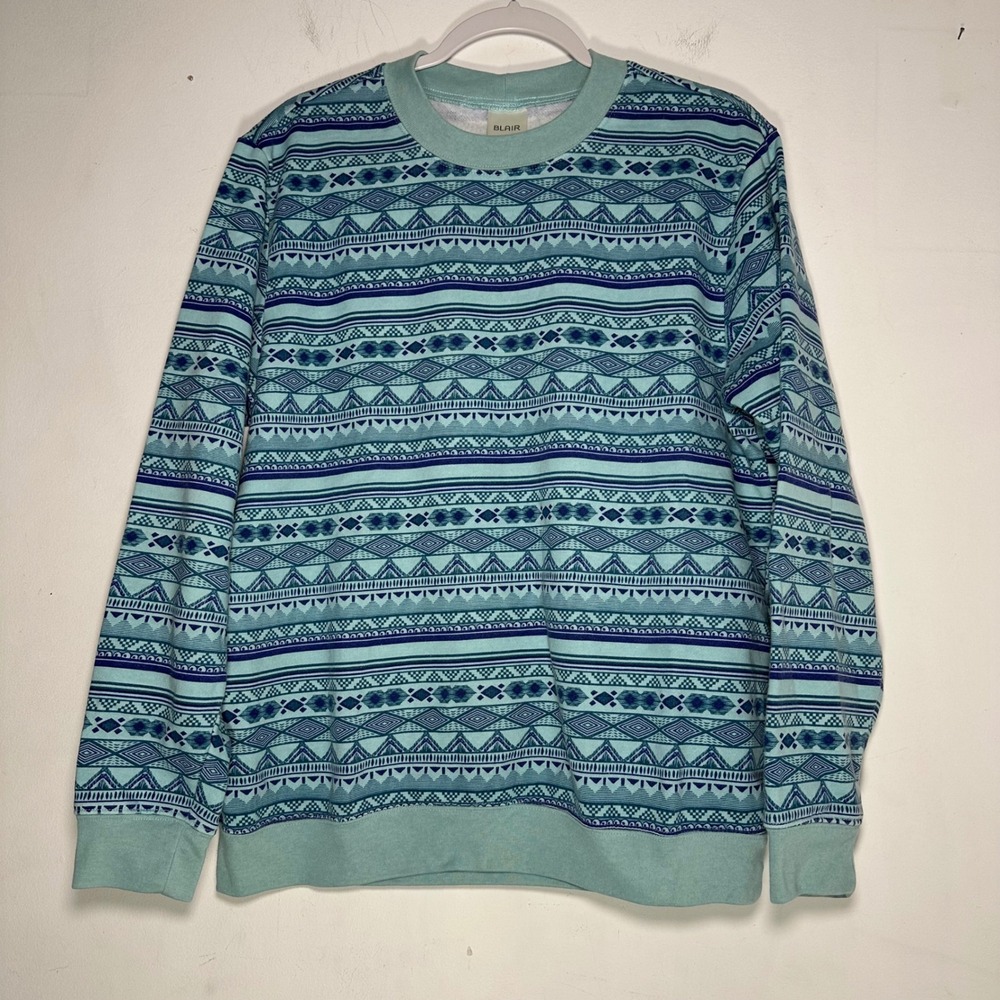 Blair Mens Large Mint Green Geometric Fair Isle Crewneck Sweatshirt B14869